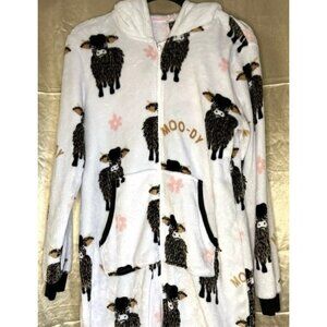 Soft Fluffy Cow Print Hooded Cozy Loungewear Pajamas White Black Pink Fleece